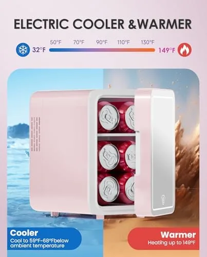 Another view of the CUTIEWORLD Skincare Fridge with Dimmable LED Light Mirror, 4L Mini
