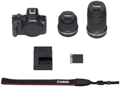 Another view of the Canon EOS R50 Mirrorless Camera with RF-S 18-45mm & 55-210mm