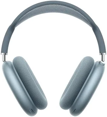 AirPods Max 2 in Blue on a studio desk with a microphone in the background