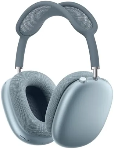 AirPods Max 2 in Blue beside studio monitors and an audio interface