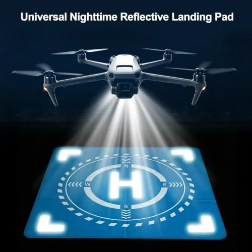 Drone landing pad at night reflecting the landing light