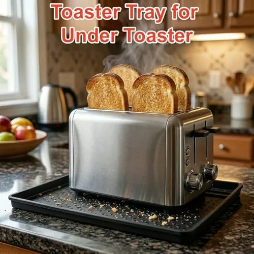 Toaster sitting on top of the crumb catcher tray on a countertop