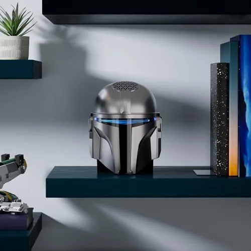 Detail of the Mandalorian helmet stand on the Echo Dot