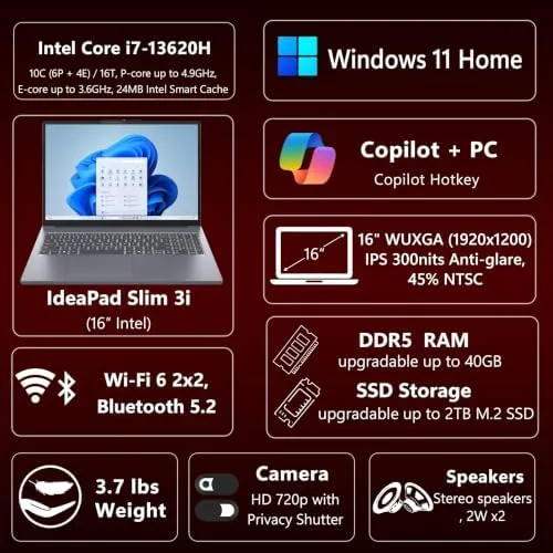 Close look at the Lenovo 16 IPS FHD+ i7-13620H Office 365 2026 16GB DDR5 build quality