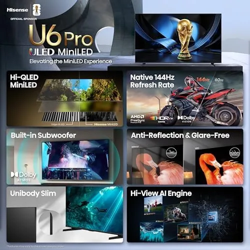 Hisense U6 Pro TV next to a gaming console on a media console