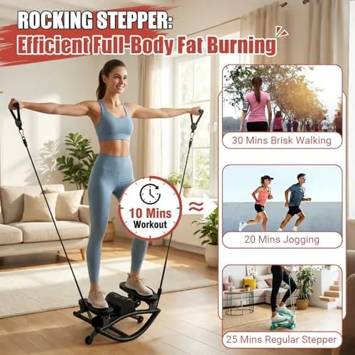 The Rock stepper with resistance bands being used for an overhead pressing motion