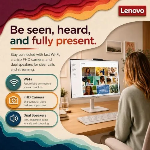 A person working on the Lenovo all-in-one with a video call in the corner