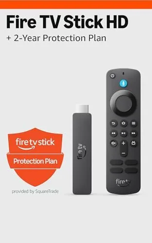 The Amazon Fire TV Stick HD with its Alexa voice remote on a table