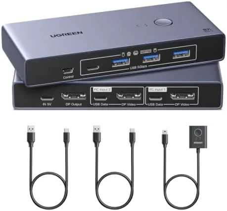 Overview of the UGREEN 8K@60Hz Displayport KVM Switch 1 Monitors 2 Computers, Aluminum