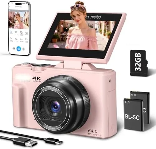 The pink 4K 64MP vlogging camera held in one hand with the flip screen open