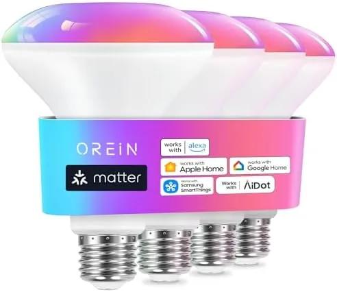 Overview of the OREiN Matter BR30 Smart Light Bulbs, 60W 650lm RGBTW Color