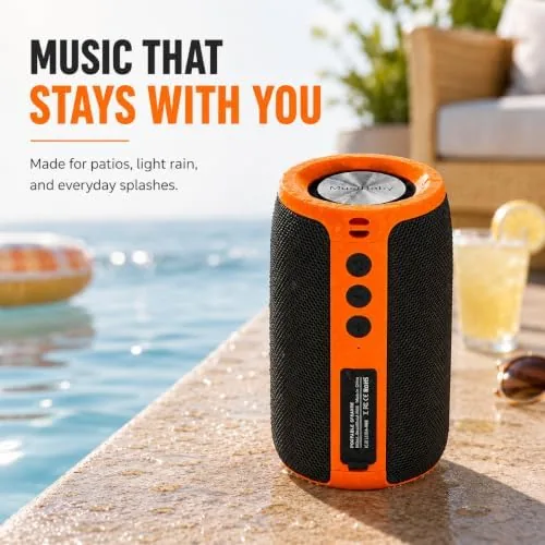 Detail shot of the Musibaby M68 Bluetooth Speaker, 12W, IPX5, 24H Playtime, OrangeBlack | features