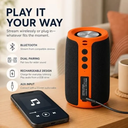 Another view of the Musibaby M68 Bluetooth Speaker, 12W, IPX5, 24H Playtime, OrangeBlack |