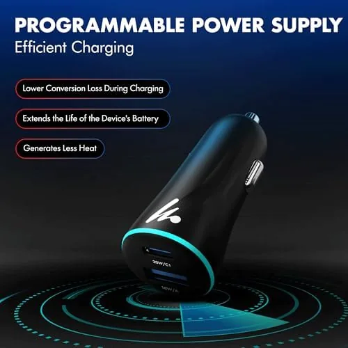 Detail shot of the PD 20W Wozoyo Car Charger with Type-C & USB A,Power features