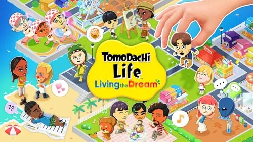 Two Mii residents chatting with the speech bubbles and music notes of the game