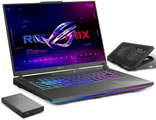 The ASUS ROG Strix G16 open on a desk showing the Nebula display with a game running