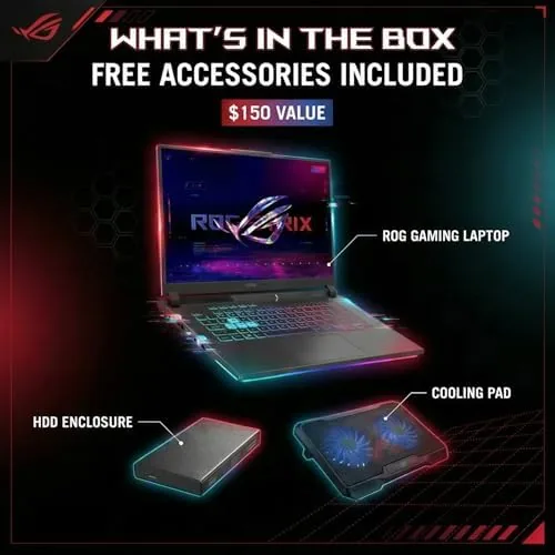 Close up of the ROG Strix G16 keyboard and trackpad with RGB lighting visible