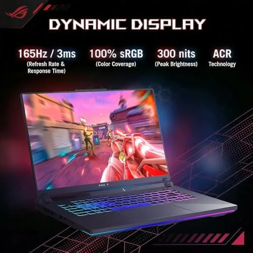 The ROG Strix G16 plugged into an external monitor and peripherals on a desk