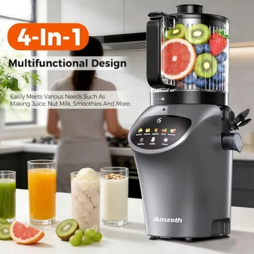 The masticating juicer beside a centrifugal juicer and a blender