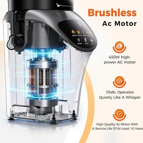 A bottle of freshly made almond milk and a glass of juice beside the juicer