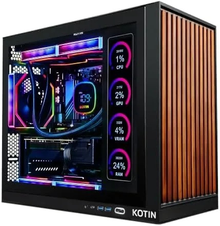The KOTIN prebuilt gaming tower with its ARGB lighting and smart display lit up