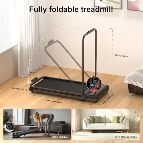 The folded Terluxra walking pad with transport wheels visible on the end