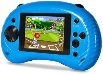 The blue kids handheld game console in a child's hands, screen showing a retro game