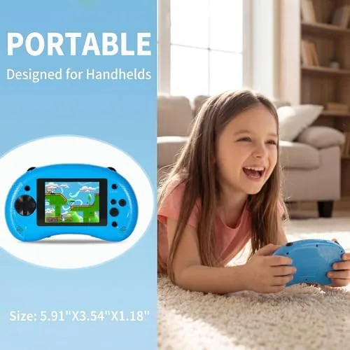 Two children playing different games on two handheld consoles on a couch