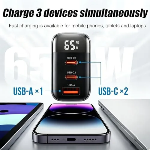 Detail shot of the 65W 3-Port USB C Wall Charger Block with 2Pack Extra features