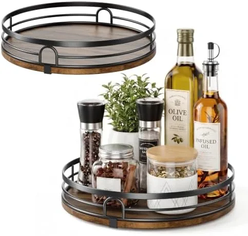 The 9 inch and 10 inch wooden lazy susans side by side on a kitchen countertop