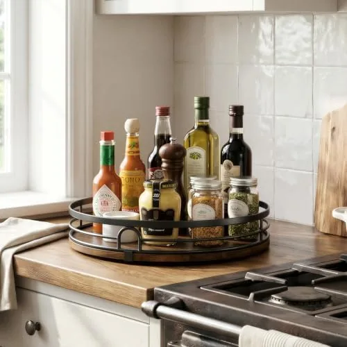The 10 inch lazy susan loaded with spice jars and oil bottles on a pantry shelf