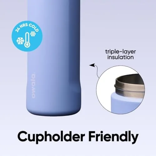 The bottle in a car cup holder, straw visible, ready for a commute