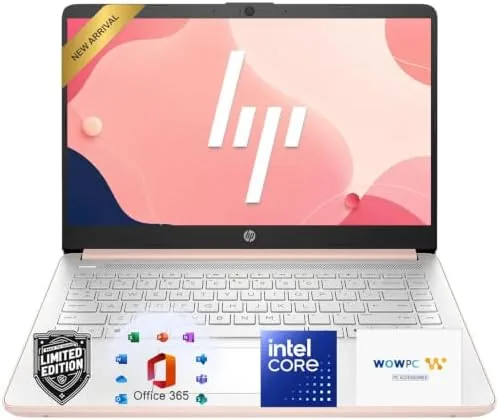 The HP 14 laptop open on a desk showing Windows 11 and a Microsoft 365 document