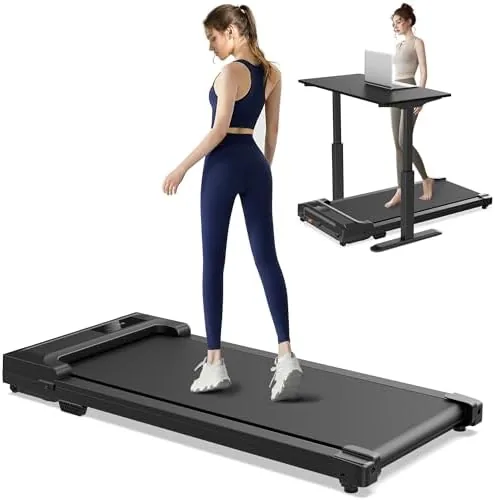 The under desk walking pad treadmill positioned beneath a standing desk