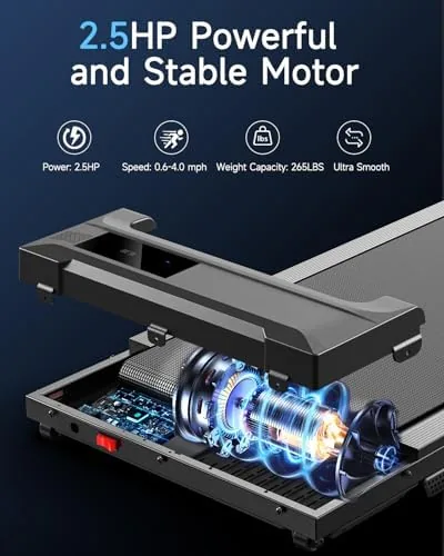 Close up of the slim deck and the motor housing on the under desk walking pad