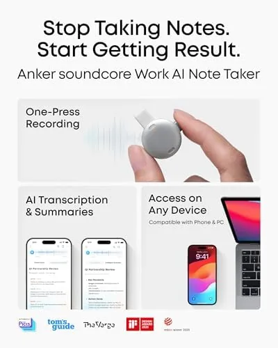 Close look at the soundcore Work by Anker, Coin-Sized AI Voice Recorder, 64GB, MFi build quality