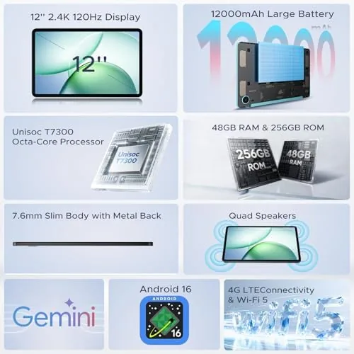 Close look at the P12 Pro 12 Inch Tablet Android 16, 12000mAh/18W, T7300 Octa-core build quality