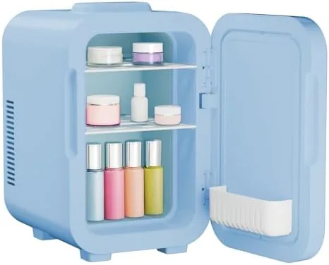 Skincare bottles and sheet masks arranged inside the ELLE 8L fridge