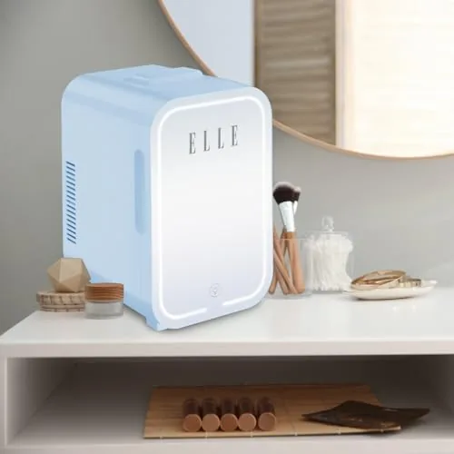 The ELLE 8L fridge cooling skincare products on a bathroom vanity