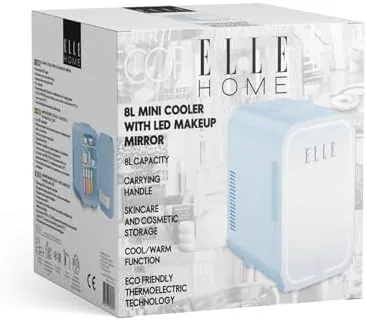 The ELLE 8L fridge on a desk in an office with the mirror open