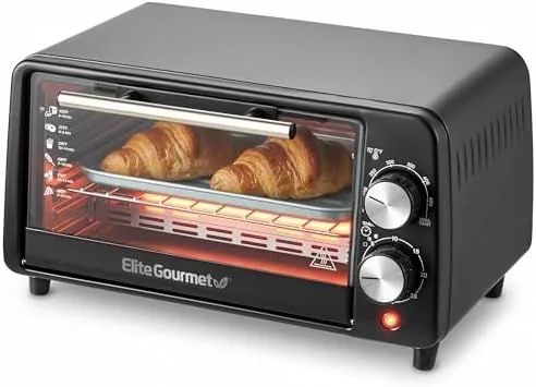 The Elite Gourmet ETO449X toaster oven on a compact kitchen counter