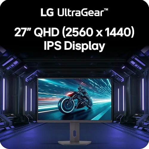 Close up of the LG 27G61ZB-B stand showing tilt, height, and swivel adjustments