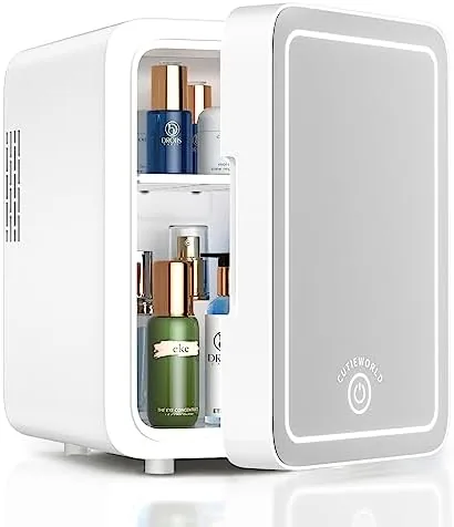 Overview of the CUTIEWORLD Skincare Fridge with Dimmable LED Light Mirror, 4L Mini