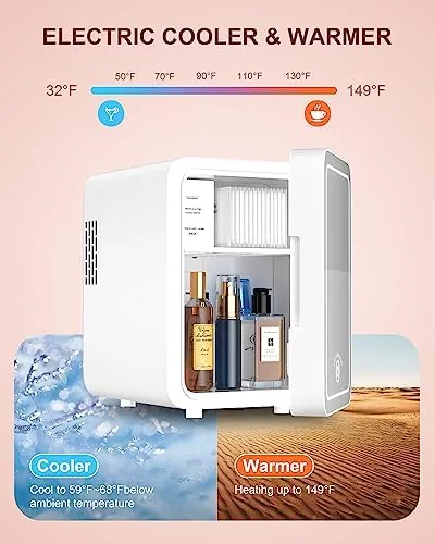 Another view of the CUTIEWORLD Skincare Fridge with Dimmable LED Light Mirror, 4L Mini