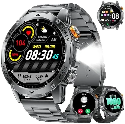 Overview of the Military Smart Watch for Men with 1000mAh Battery/Flashlight, 1.75'' HD