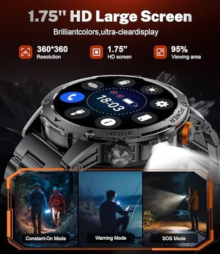 Close look at the Military Smart Watch for Men with 1000mAh Battery/Flashlight, 1.75'' HD build quality