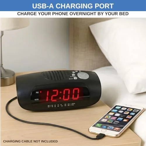 Detail shot of the Digital Alarm Clock Radio for Bedroom with AM/FM Radio, USB features