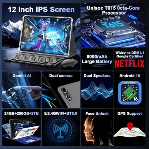 Detail shot of the 12 Inch Tablet with Keyboard, 2026 Android 16 Tablet with features