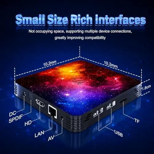Detail shot of the Android TV Box 2026 Version 4K HDR, 4GB RAM 32GB features