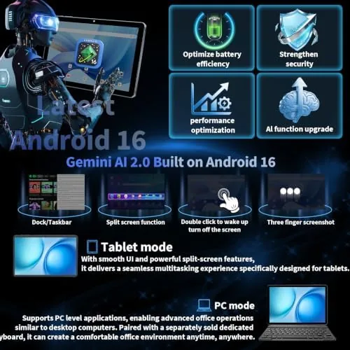 Detail shot of the Android 16 Tablet with Keyboard, 10 inch Tablet with 26GB+256GB+2TB features